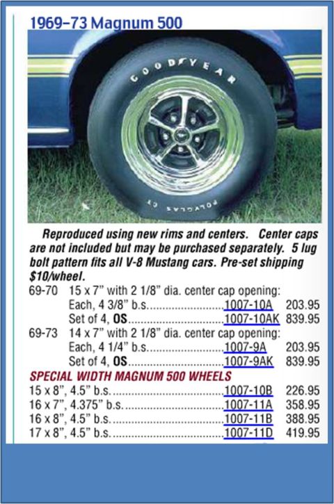 1972 Ford Ranchero - Parts-catalog page for reproduction 1969-73 Magnum 500 wheels, headed by a photo of a chrome-and-black five-spoke wheel with a raised-white…