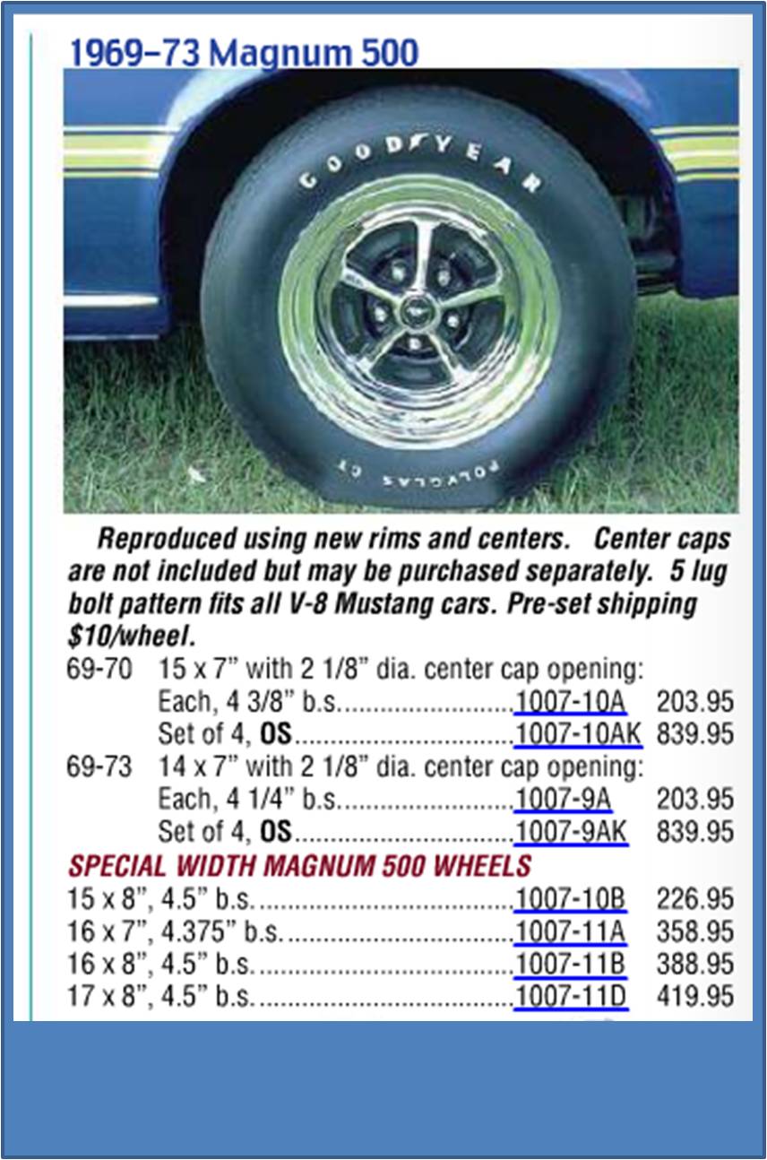 1969-73 Magnum 500 reproduction wheel catalog page with Goodyear Polyglas GT tire photo and price list