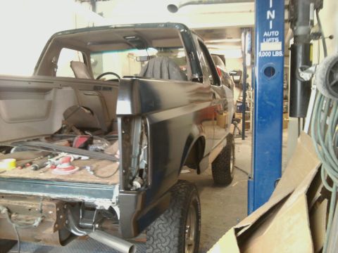 1994 Ford Bronco - This Ford Bronco is in a repair shop, with its interior stripped out for work.