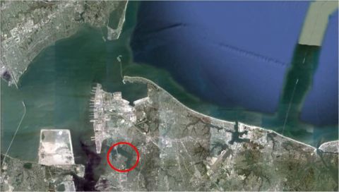 1972 Ford Ranchero - Satellite image shows a city with a bay, harbor, and surrounding landmass, with a red circle highlighting an area.