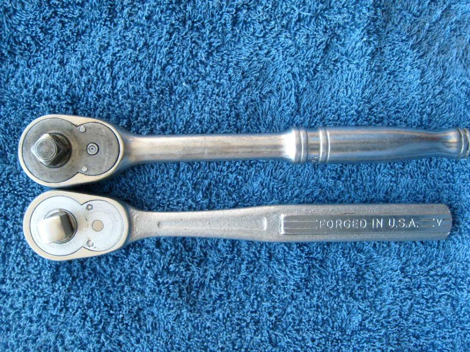 Two ratchets, one with a ribbed handle, the other marked FORGED IN U.S.A