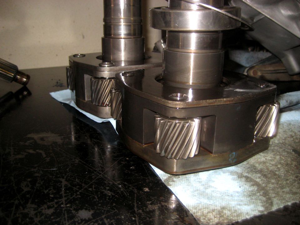 Close-up of transfer case gears with helical teeth