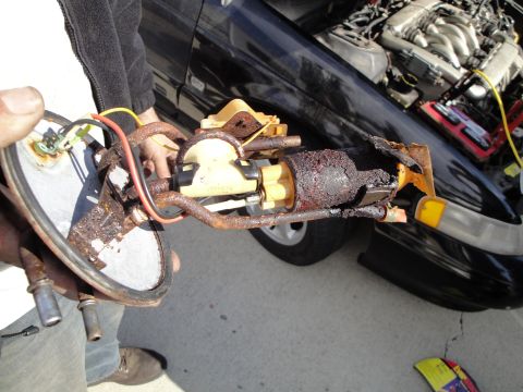 1995 Ford Taurus - A person holds a heavily rusted fuel pump assembly removed from a vehicle.
