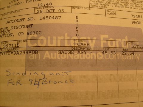 1986 Ford Bronco - Invoice details a gauge assembly purchase, with a handwritten note indicating it is for a 1994 Bronco.