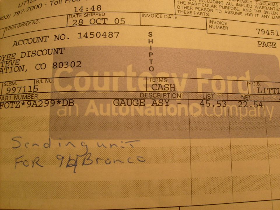 Invoice for gauge assembly, handwritten note mentions '94 Bronco