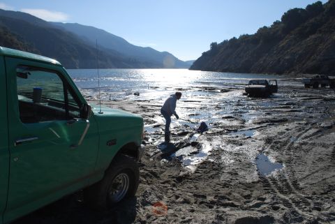 1996 Ford Bronco - A green 1992 Ford F-150 pickup truck is parked on a muddy shore near a body of water, with other vehicles visible in the background.