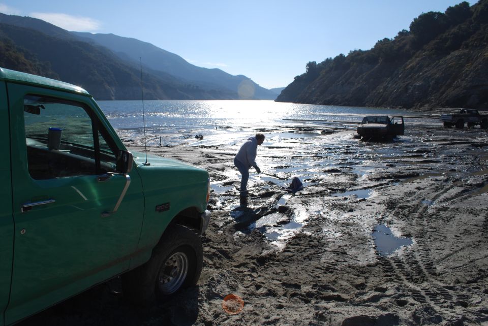 Green 1992 Ford F-150 pickup truck, front quarter view, parked on muddy shore