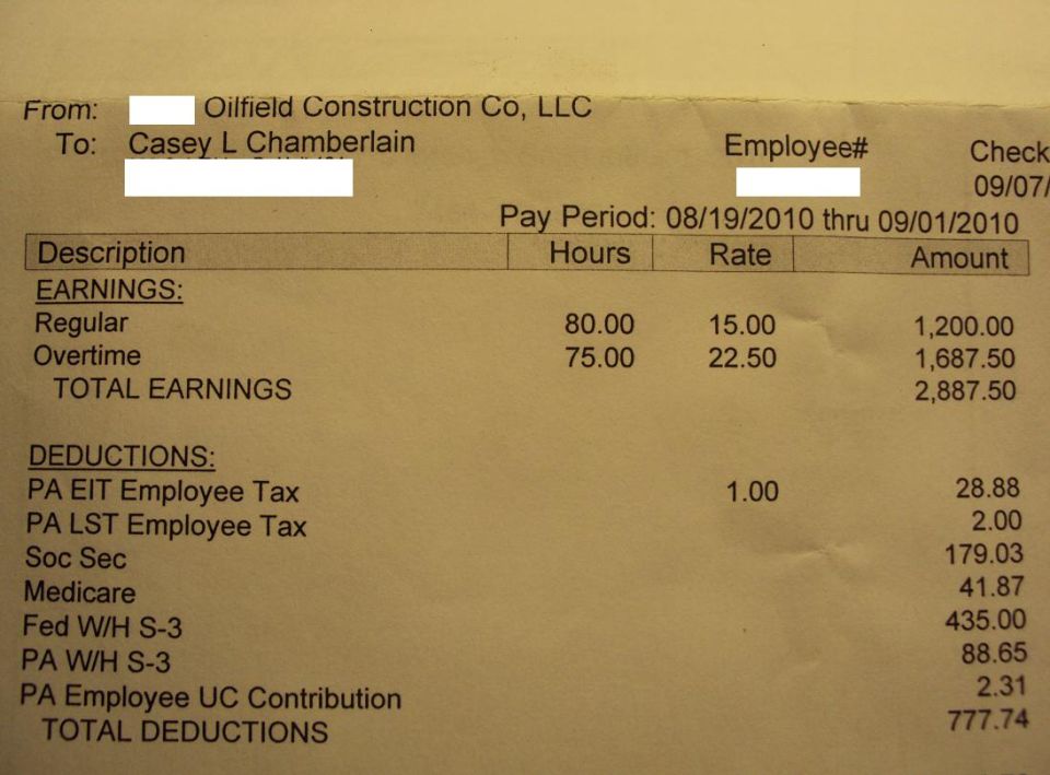 Paystub from Oilfield Construction Co., LLC for Casey L Chamberlain, dated 08/19/2010 - 09/01/2010