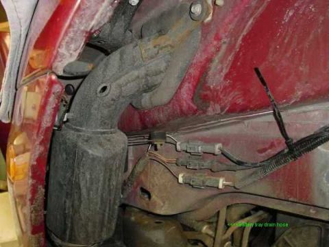 1997 Ford Taurus - Close-up view of a battery tray drain hose and associated wiring within a vehicle's fender well.