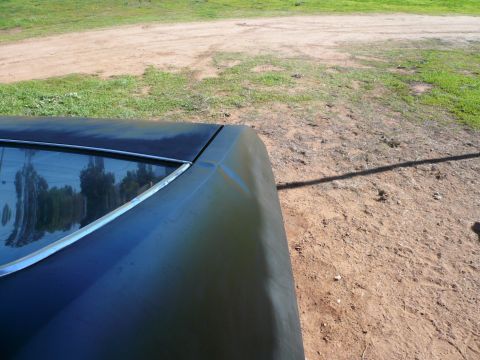 1975 Ford Ranchero - Close-up of a car's rear section, showing the trunk and window against a dirt and grass background.