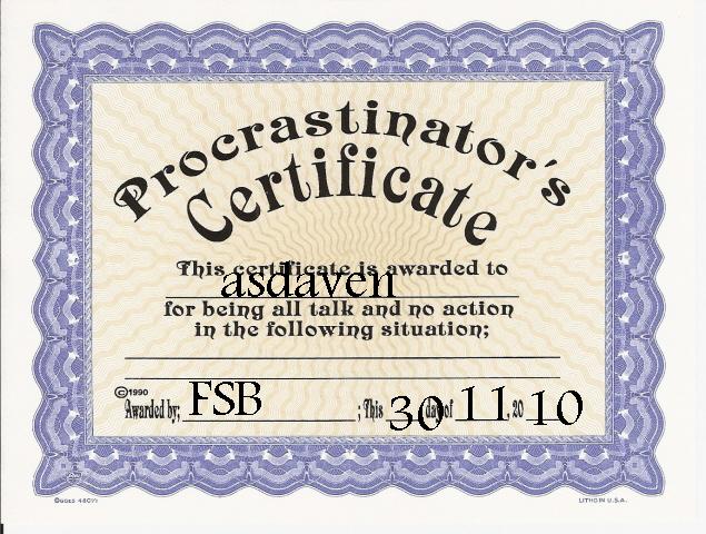 Joke Procrastinator's Certificate with blue border and handwritten text