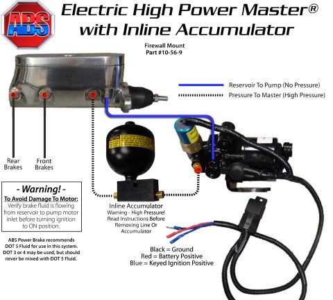 1990 Ford Bronco - ADS electric high power master cylinder schematic showing brake fluid lines, inline accumulator and wiring color codes.