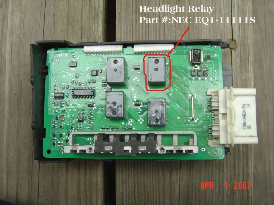 Circuit board of a lighting control module, headlight relay marked