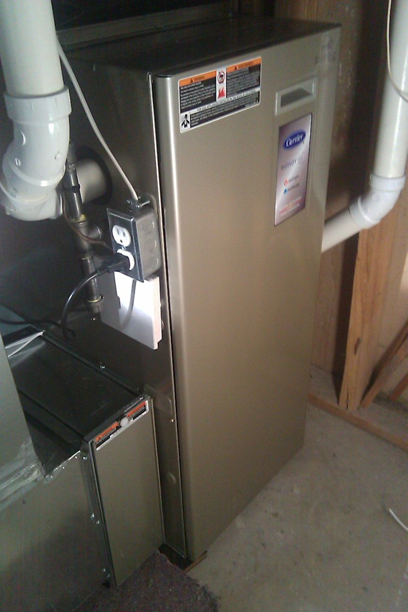 Furnace with Carrier label and warning stickers