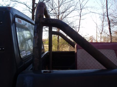 1992 Jeep YJ - View of a truck bed with a roll cage and part of a seat, against a backdrop of trees.