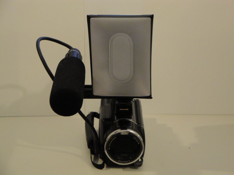 Camcorder front view with microphone and light attachment