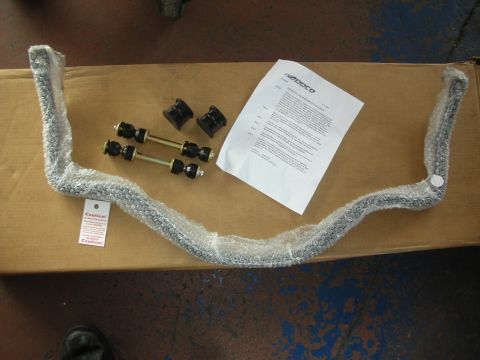 2004 Ford Crown Victoria - Addco swaybar and end links are laid out on a cardboard box with installation instructions and caution labels.
