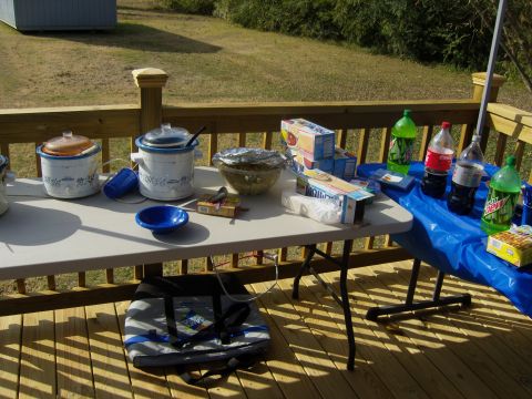 2007 Ford Mustang - A spread of food and beverages is laid out on a picnic table and a separate blue-covered table on a wooden deck.