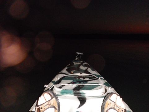 1991 Ford Bronco - View from inside a kayak with a camouflage pattern, looking forward at dark water.