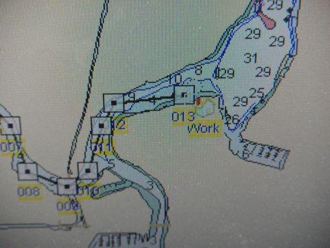 1991 Ford Bronco - Photograph of a marine GPS chartplotter display showing depth soundings and waypoints, not a technical document.