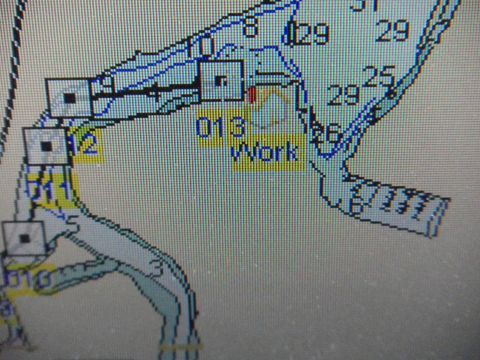 1991 Ford Bronco - Photograph of a marine GPS chartplotter display showing depth contours and numbered waypoints, not a technical document.
