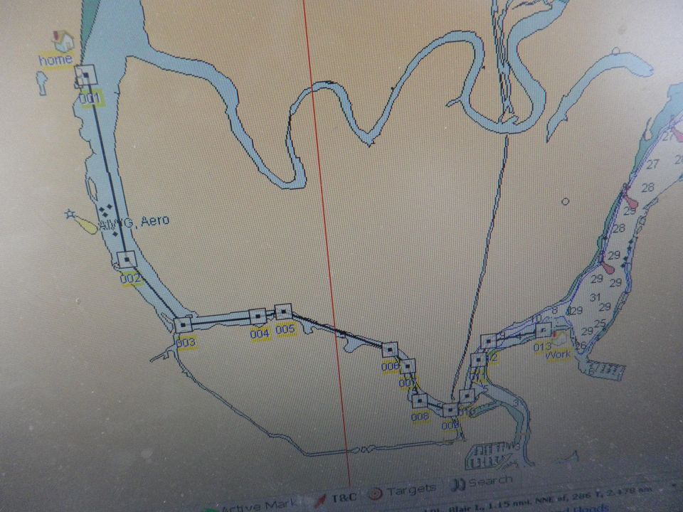 nautical chart showing a waterway with buoys and depth markings