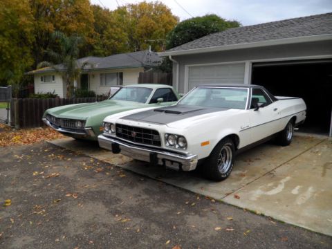 1973 Ford Ranchero - Two Ford Rancheros parked in a driveway, one white and one green.