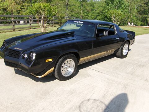 1979 Chevrolet Camaro - A black Chevrolet Camaro with gold racing stripes and a prominent hood scoop sits parked on a concrete driveway.