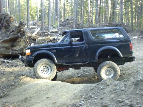 1995 Ford Bronco - A black 1995 Ford Bronco navigates a rough dirt path in a wooded area.