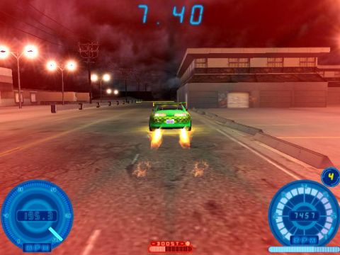 1998 Ford Taurus - A green car with flames erupting from its exhaust speeds down a road at night, with digital readouts for speed and time visible.