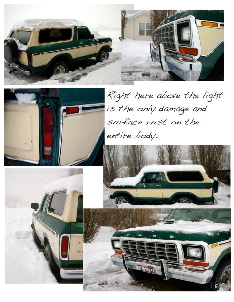 1979 Ford Bronco - This two-tone Bronco is covered in snow, with a close-up of its grille and rear taillight.