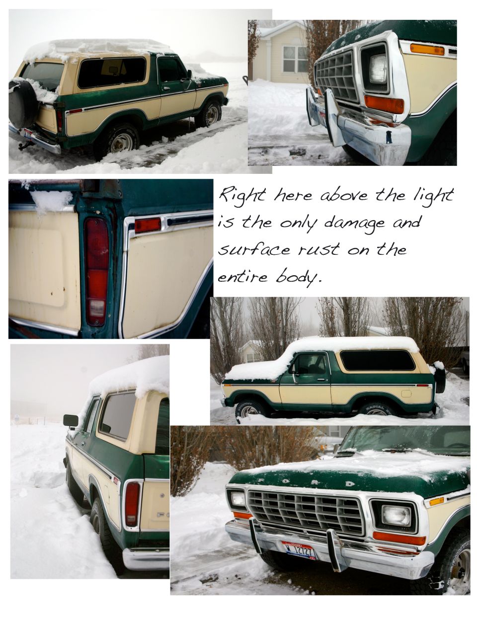 Green and tan Ford Bronco in snow, showing front grille and side view