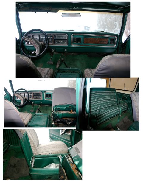 1979 Ford Bronco - The interior of a 1978 Ford Bronco shows green carpeting, striped seats, and a wood-grain dashboard panel.
