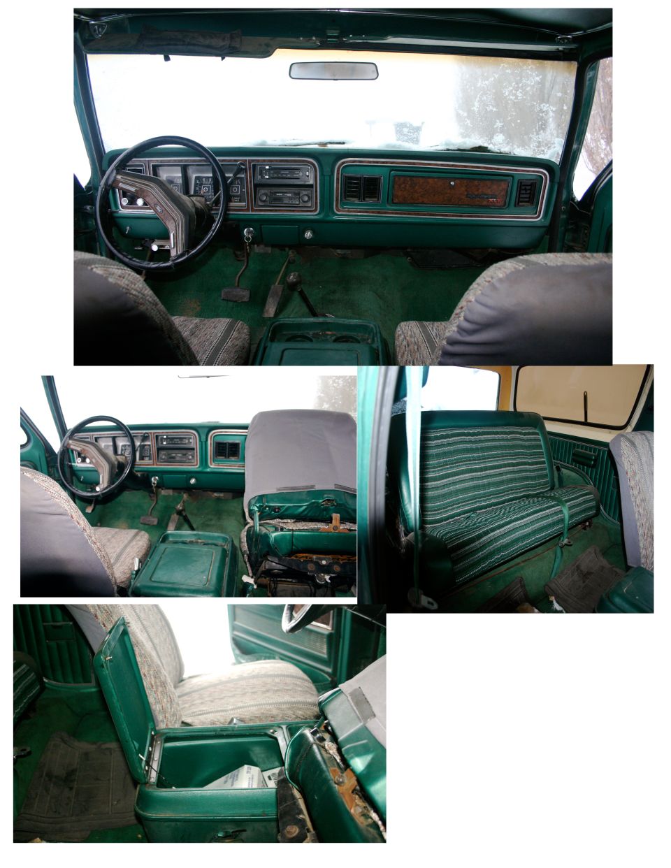 Green interior of a 1978 Ford Bronco with striped seats and a wood-grain dashboard