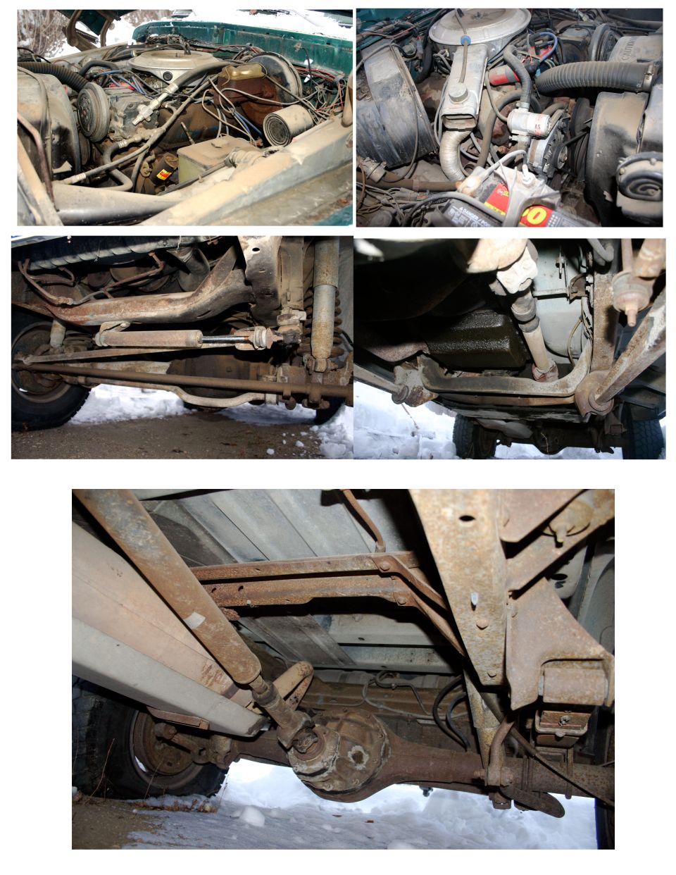 Engine bay and undercarriage views of a green vehicle