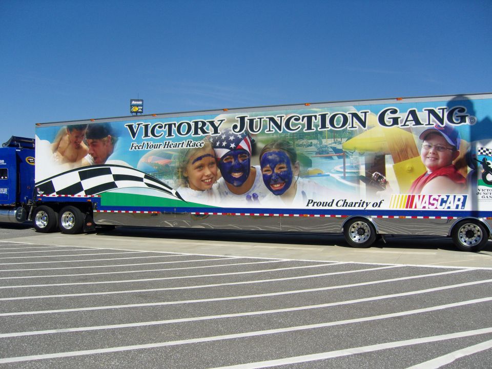 Tractor-trailer with Victory Junction Gang mural and NASCAR logo