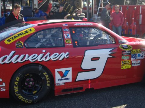 2007 Ford Mustang - Side view of a red NASCAR race car with the number 9 and Budweiser branding.