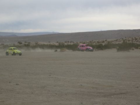 1986 Ford Bronco - Two Volkswagen Beetles kick up dust as they race through a barren desert environment under an overcast sky.