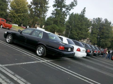 2004 Ford Crown Victoria - Several Ford Crown Victoria police cars are parked in a lot, with trees and buildings in the background.