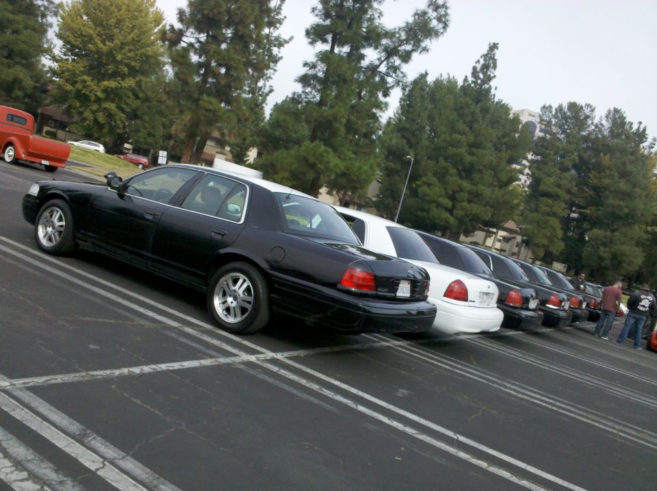 Line of black and white Ford Crown Victoria police cars parked in a lot