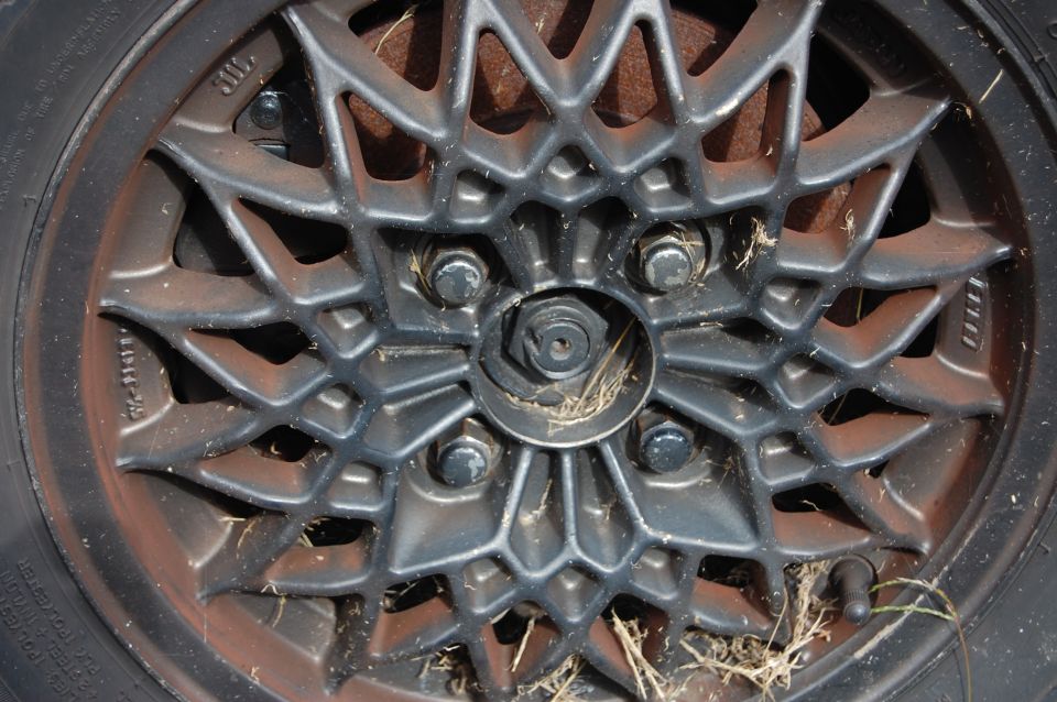 Close-up of a dark gray alloy wheel with a complex starburst pattern and visible lug nuts. Some dry grass is present