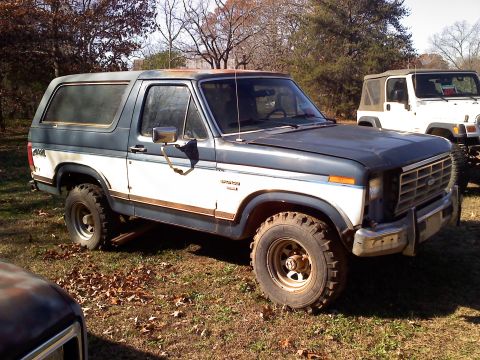1990 Ford Bronco - A blue and white Ford Bronco is parked next to a white Jeep Wrangler in an outdoor setting.