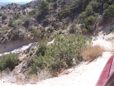 1990 Ford Bronco - View out over the dark red fender of a vehicle perched on a narrow sandy shelf road, looking down at a switchback trail cutting through bru…