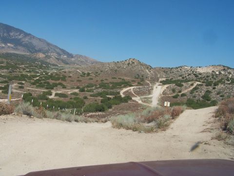 1990 Ford Bronco - View across a dark red hood at a network of sandy OHV trails braiding across a high-desert basin, with route markers and a trail sign along…