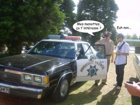 1991 Ford LTD Crown Victoria - Officer talks to a civilian next to a 1991 Ford Crown Victoria police car.