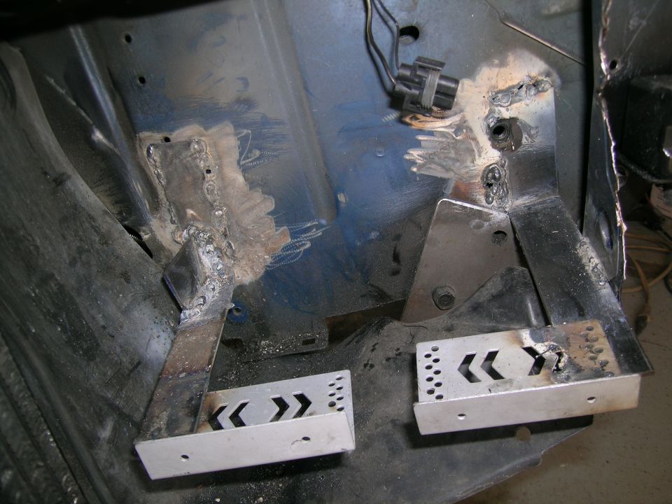 custom metal pedal assembly with chevron cutouts, welded to car's floor pan