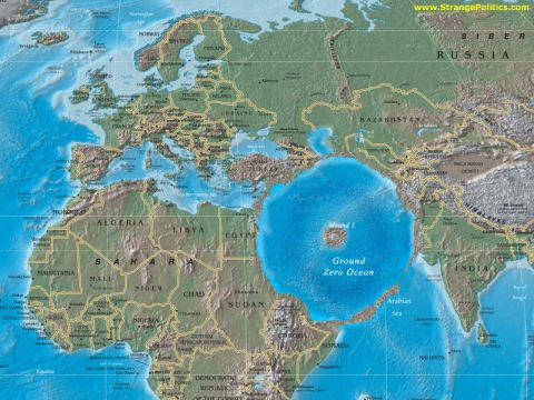 1980 Ford Bronco - This map displays continents and oceans, including a fictional 'Ground Zero Ocean' and 'Mound I'.