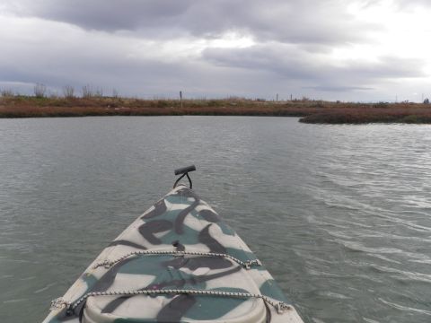 1991 Ford Bronco - A camouflaged kayak navigates calm waters under an overcast sky, with marshy land visible in the distance.