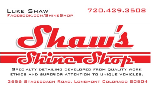 Red and black business card for Shaw's Shine Shop detailing service