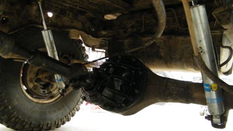 1982 Ford Bronco - Undercarriage view showing the differential and rear shocks, possibly from a 1982 Ford Bronco.
